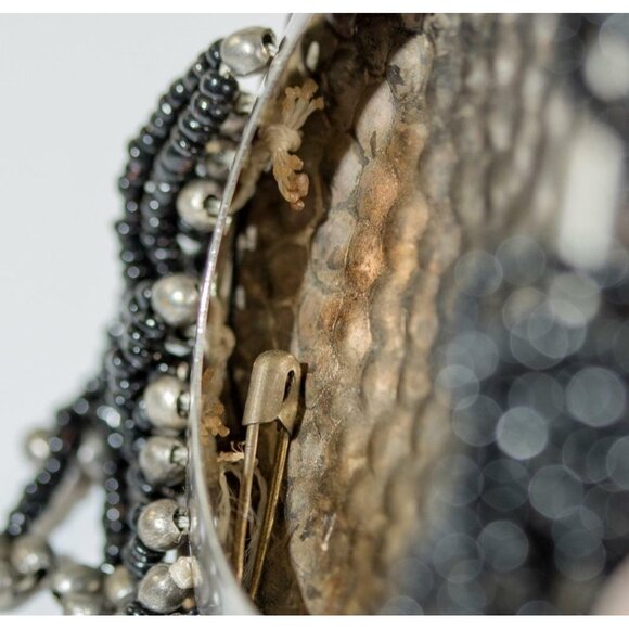 Silver-Tone Hammered Metal Pendant Black Multi-String Seed Bead Necklace Costume - Picture 8 of 8